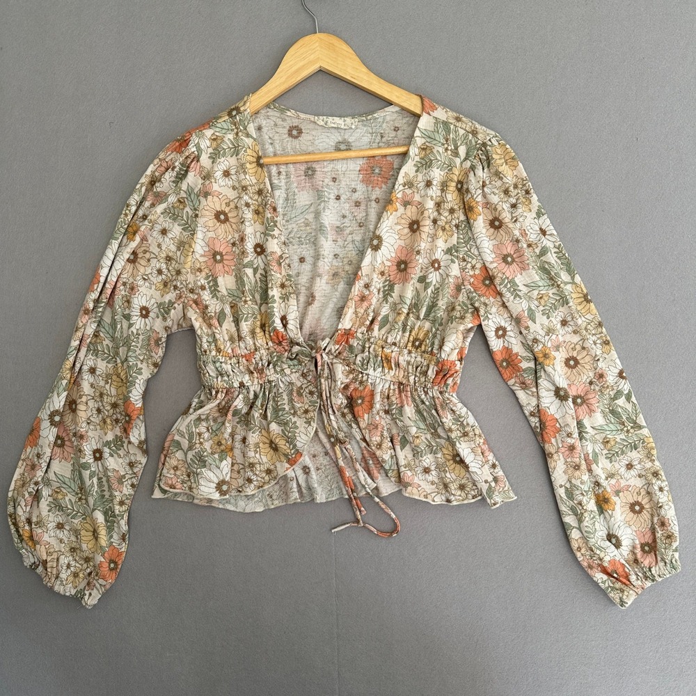 Endless Blu Floral Tie Front Blouse Womens Large‎ Cream Boho Peplum Cottagecore